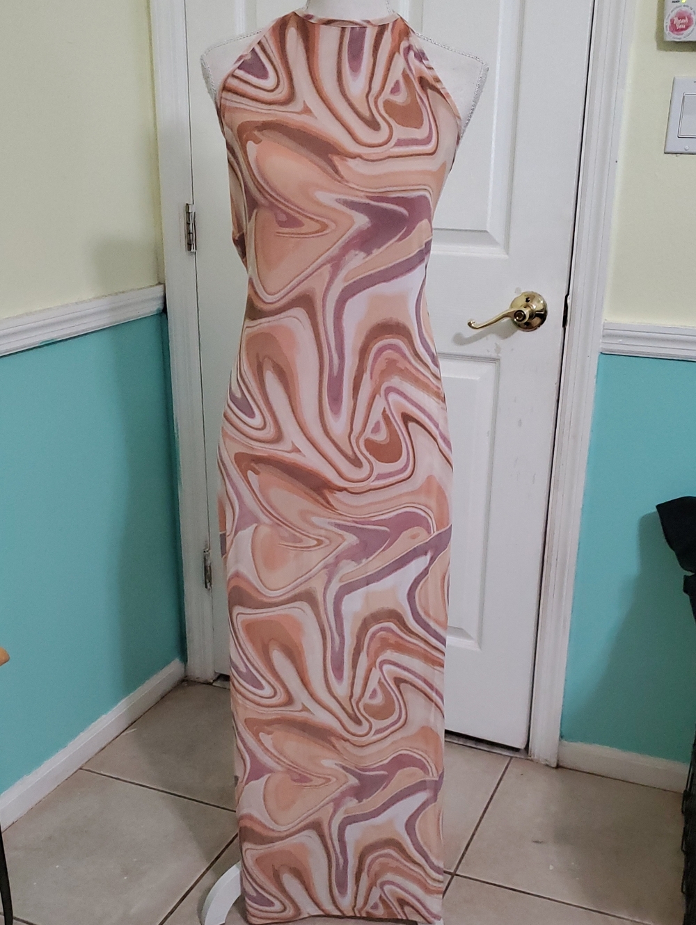 No Comment NY-La Peachy Funky Marble Swirl Print Halter Open Back Maxi Dress L